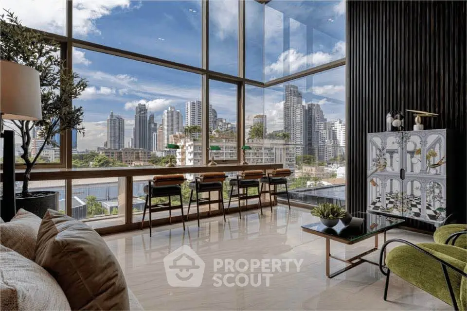 Luxurious living room with stunning city skyline view and modern decor