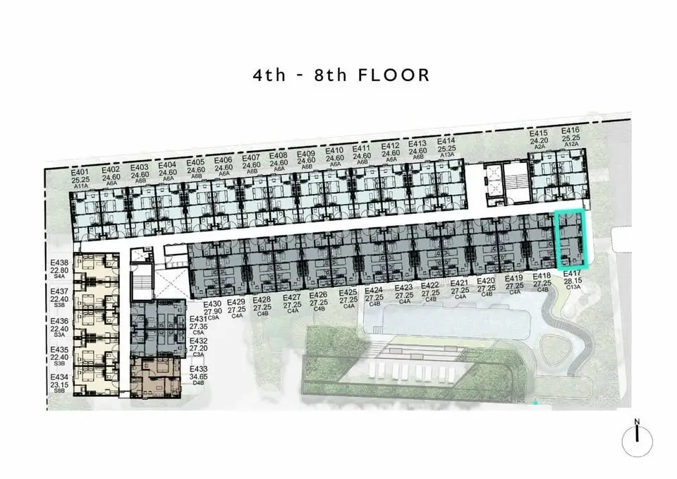 Floor plan layout for 4th to 8th floors with detailed unit arrangement.