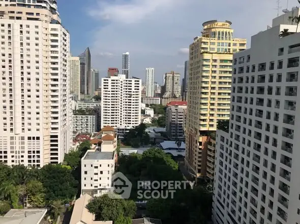 Stunning cityscape view from a high-rise building balcony in a bustling urban area.