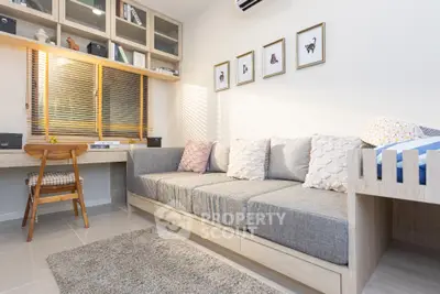Modern living room with cozy sofa and stylish decor in bright natural light