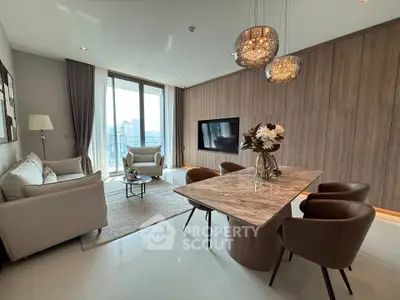Luxurious modern living room with elegant decor and city view