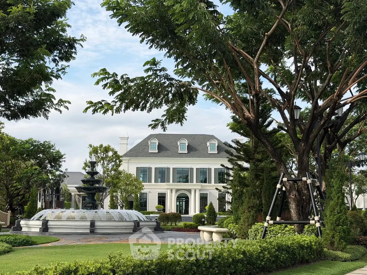 Luxurious mansion with elegant architecture and lush garden featuring a grand fountain.