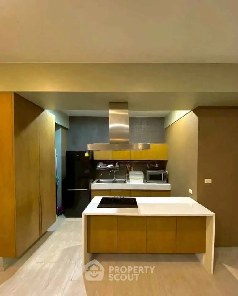 Modern kitchen with sleek cabinetry and island in contemporary apartment