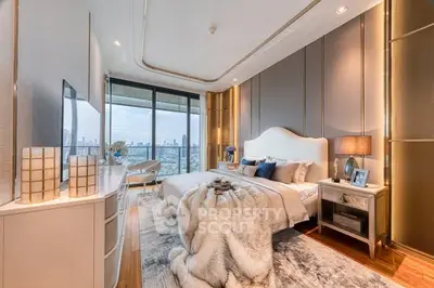 Luxurious bedroom with city view, elegant decor, and plush furnishings in a high-rise apartment.