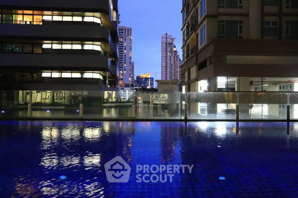Stunning urban pool view with city skyline at dusk, perfect for luxury living.