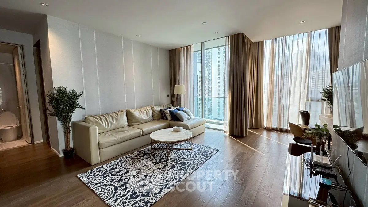 Luxurious modern living room with city view and elegant decor