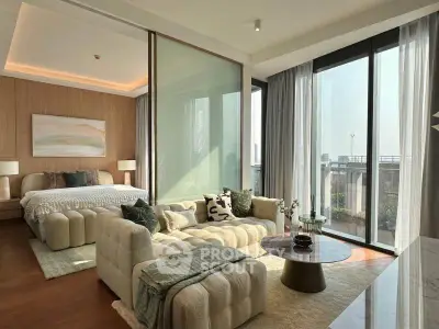 Luxurious bedroom with elegant decor and large windows offering stunning city views.