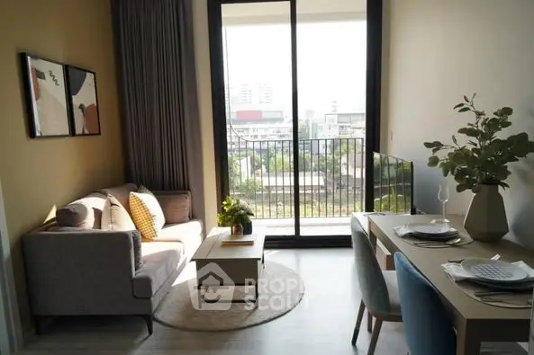 Modern apartment living room with natural light, stylish furniture, and balcony access offering an urban view, perfect for young professionals.
