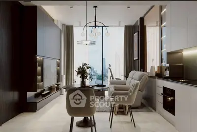 Modern living room with elegant decor and open kitchen layout, featuring sleek furniture and large windows.