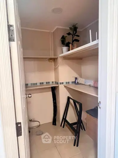 Compact storage room with shelves and minimal decor in modern home.