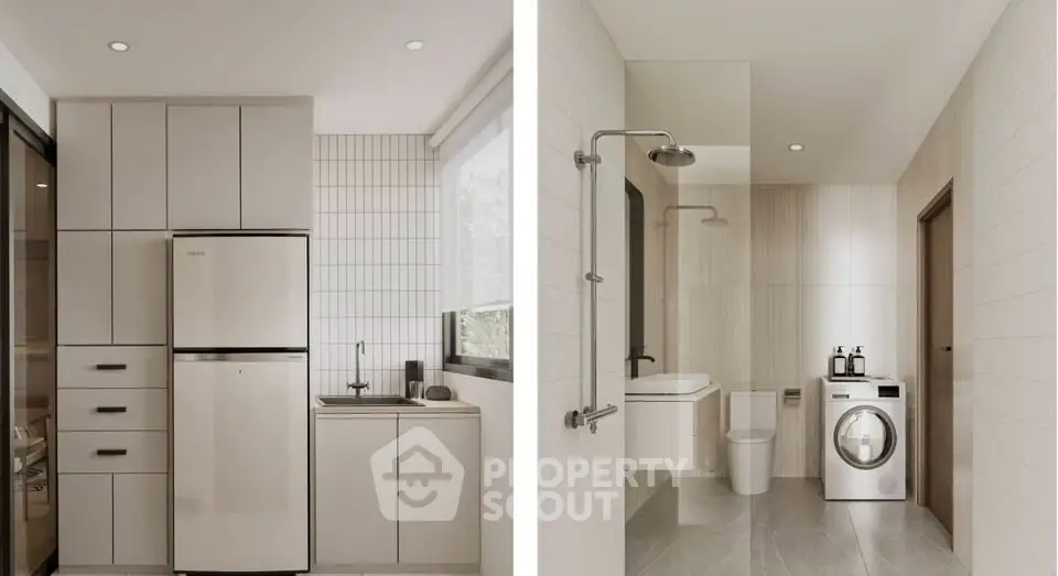 Modern kitchen and bathroom with sleek appliances and minimalist design.