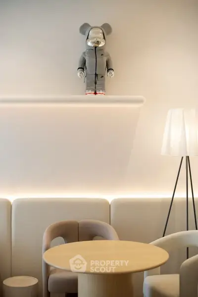 Modern minimalist living room with unique decor and ambient lighting