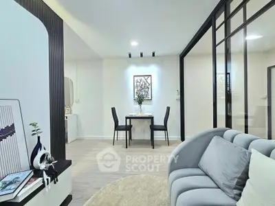 Modern living room with stylish decor and cozy seating area