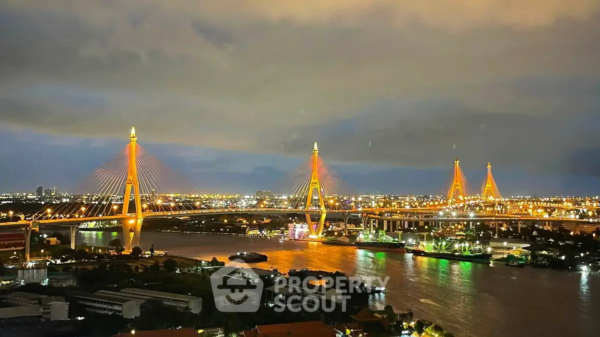 Stunning night view of illuminated bridge over river with city skyline, perfect for urban living enthusiasts.