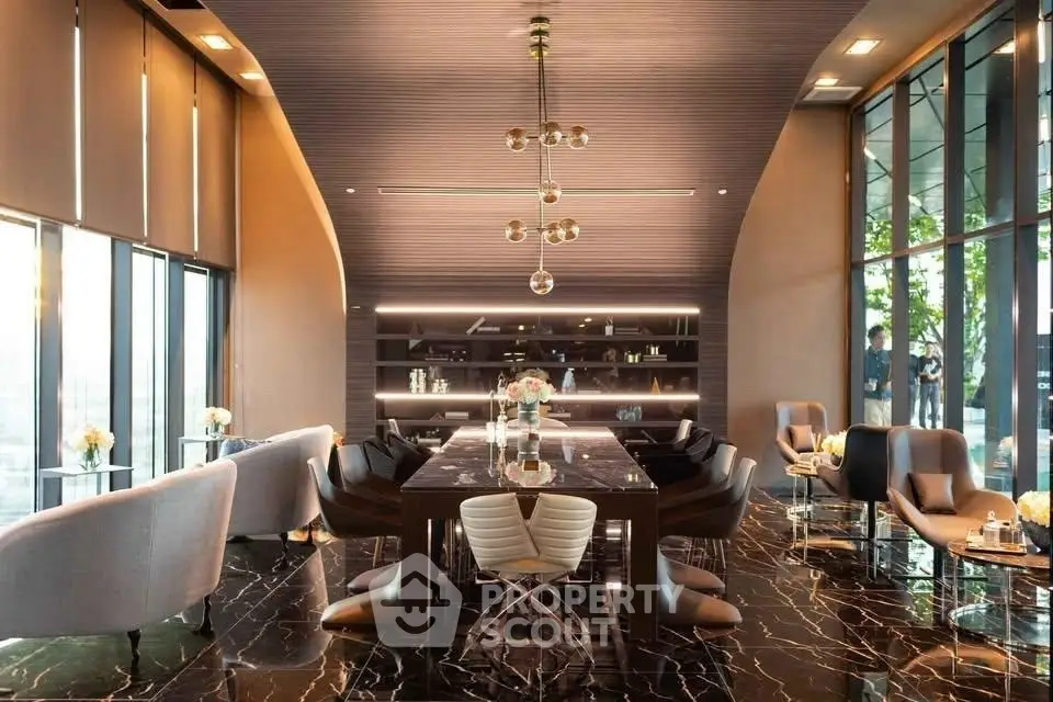 Luxurious modern living room with elegant marble flooring and stylish lighting