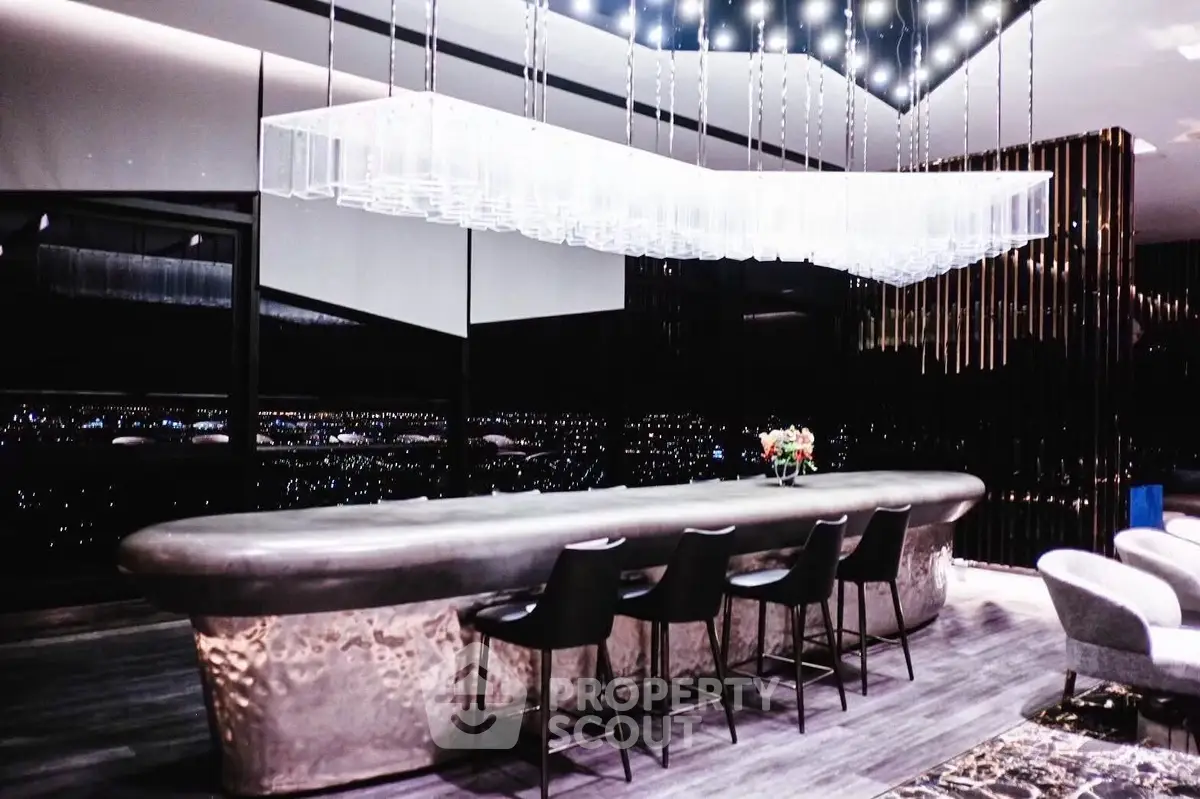 Luxurious modern living room with stunning city view and elegant lighting
