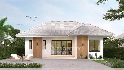 Charming modern bungalow with lush garden and inviting outdoor seating area.