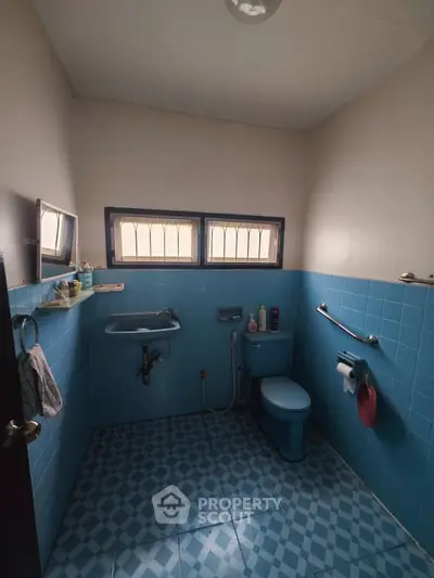 Charming bathroom with vintage blue tiles and natural light, perfect for a cozy home retreat.