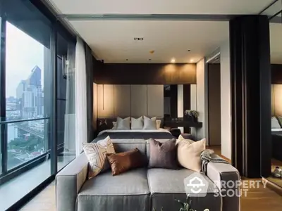 Luxurious modern bedroom with city view and stylish decor