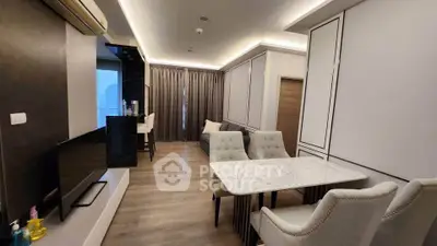 Modern living room with elegant dining area and stylish decor