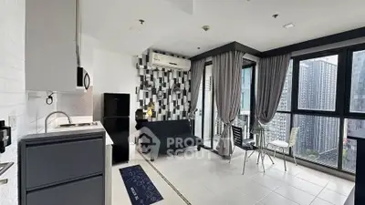 Modern living room with city view, sleek furniture, and stylish decor in high-rise apartment.