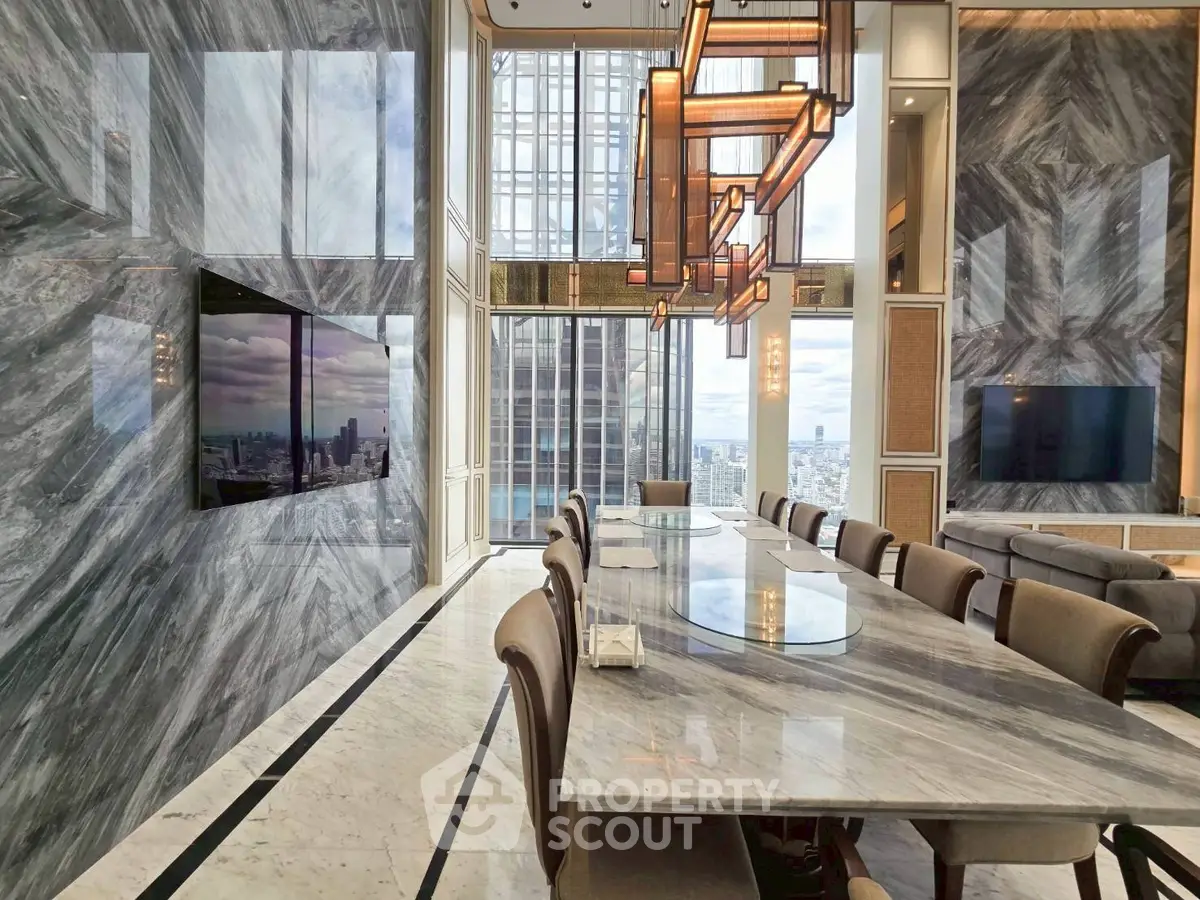 Luxurious modern dining area with marble walls and city view, featuring elegant lighting and sleek design.