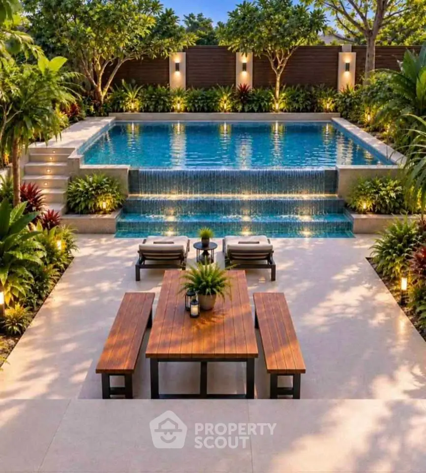 Luxurious outdoor pool area with elegant seating and lush landscaping, perfect for relaxation and entertainment.
