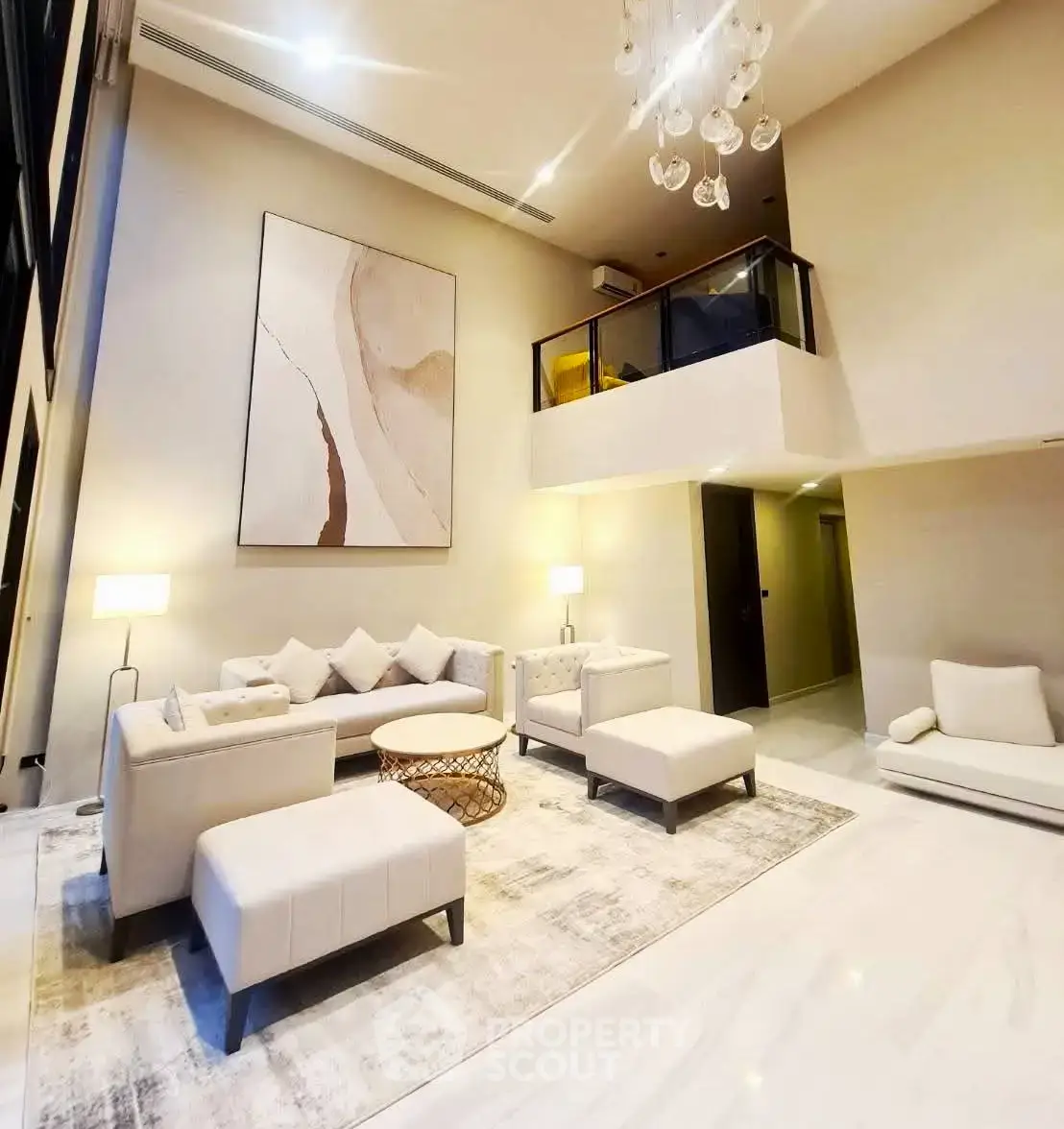 Luxurious modern living room with high ceilings and elegant decor