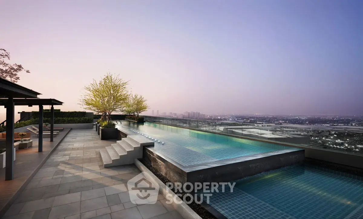 Luxurious rooftop pool with stunning city skyline view at sunset