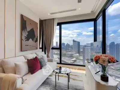 Luxurious living room with stunning city view and modern decor