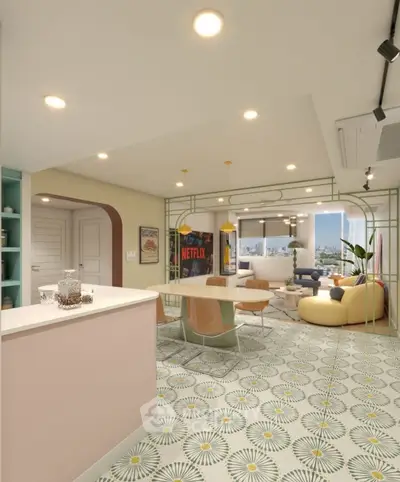 Stylish open-plan living room with modern decor and vibrant colors