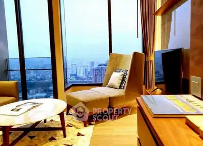 Luxurious high-rise living room with stunning city view and modern decor.