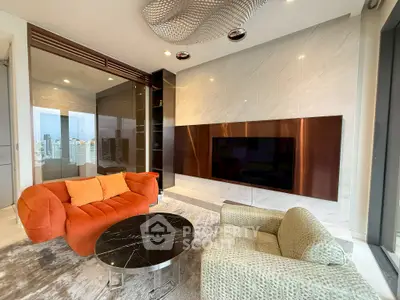Luxurious modern living room with city view, featuring stylish furniture and elegant decor.