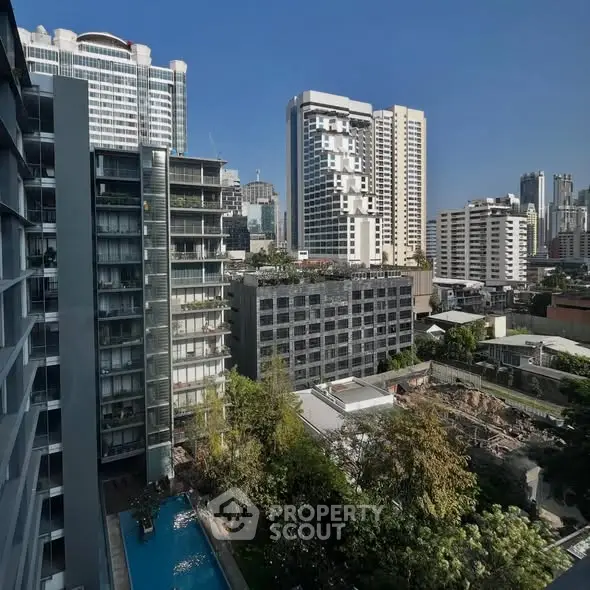 Stunning cityscape view with modern high-rise buildings and lush greenery