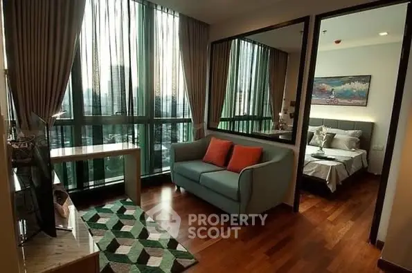 Stylish modern living room with city view and cozy bedroom