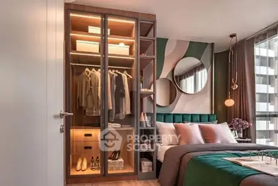 Luxurious bedroom with stylish wardrobe and modern decor in upscale apartment.