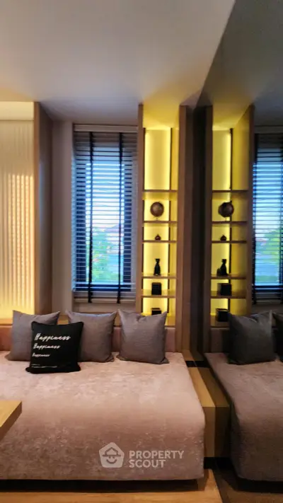 Luxurious living room with modern decor and ambient lighting