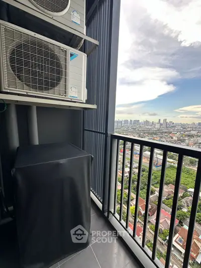 Stunning high-rise balcony view with cityscape and modern air conditioning units.