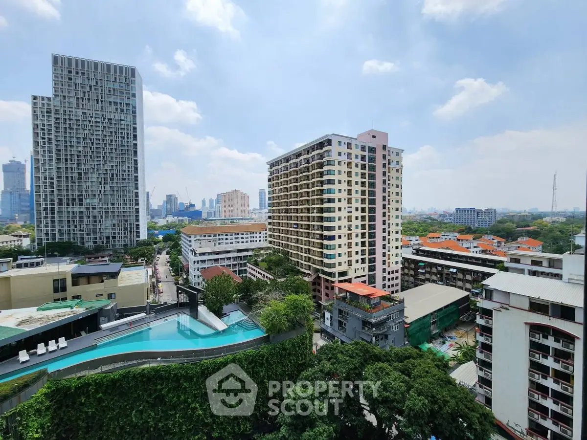 Stunning cityscape view with modern high-rise buildings and a rooftop pool, perfect for urban living.