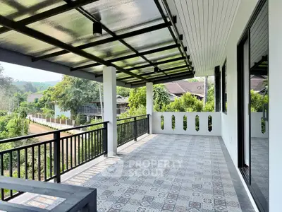 Spacious balcony with scenic views and modern design in a serene neighborhood.