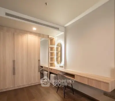 Modern study room with built-in desk and stylish lighting