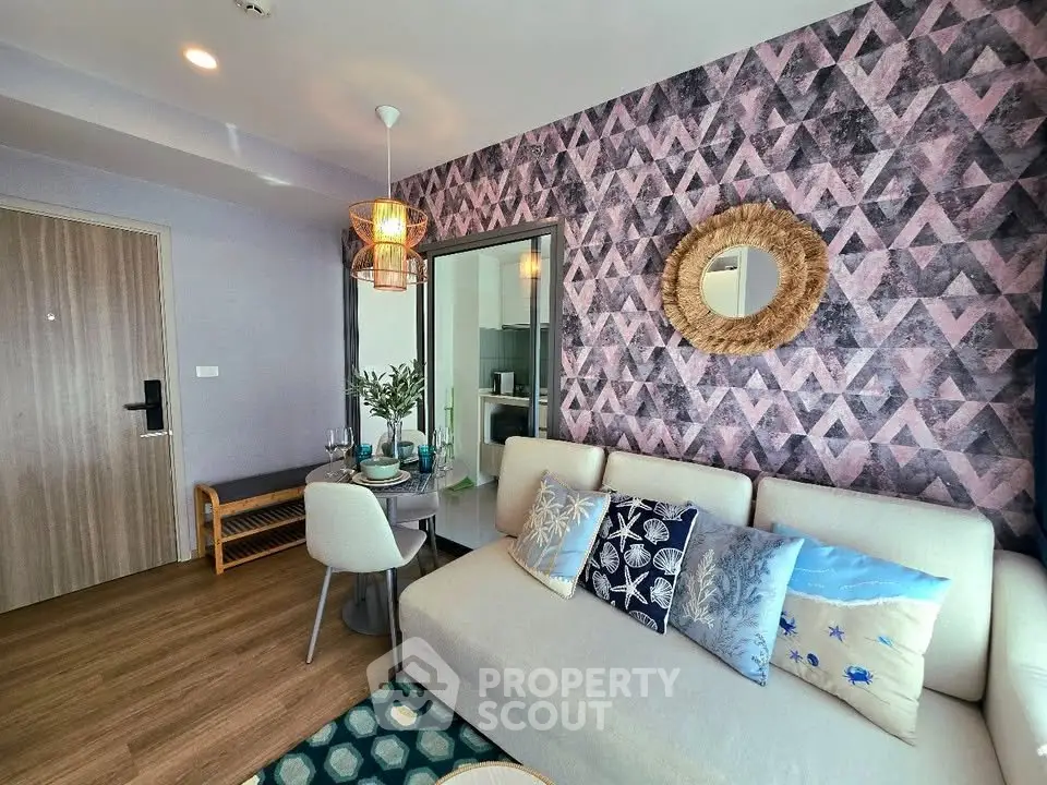 Stylish living room with modern decor and geometric accent wall