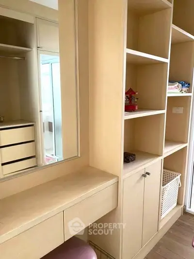 Spacious walk-in closet with built-in shelves and drawers in modern home.