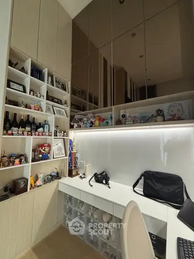 Modern study room with sleek storage and decorative shelves