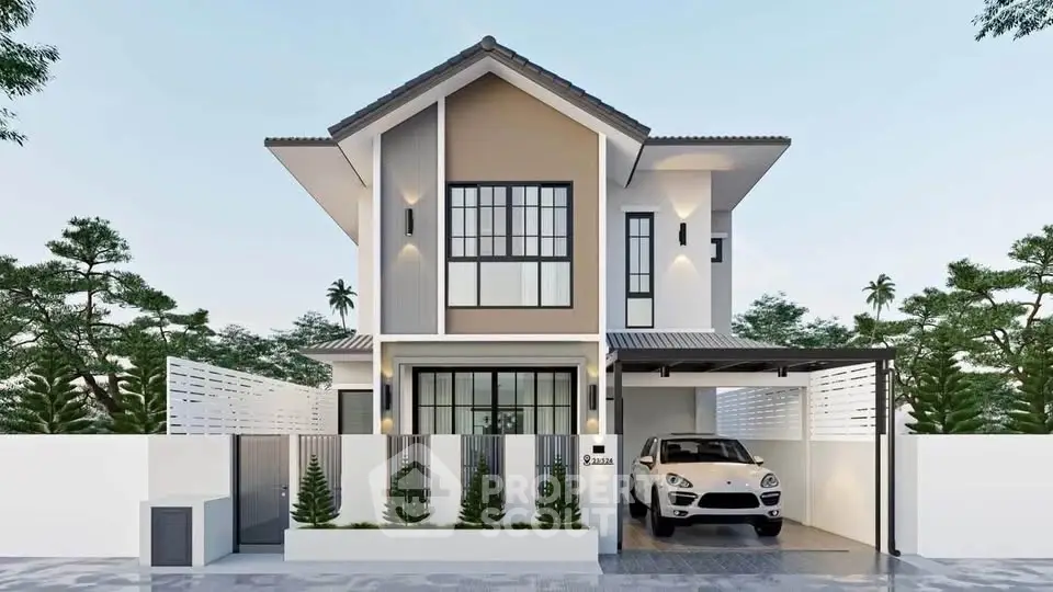 Modern two-story house with sleek design and attached garage in a serene neighborhood.