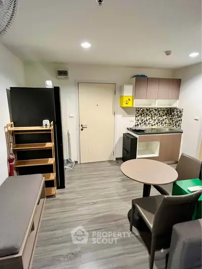Modern compact living room with kitchenette, featuring stylish decor and efficient use of space.