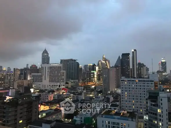 Stunning city skyline view showcasing modern high-rise buildings at dusk.