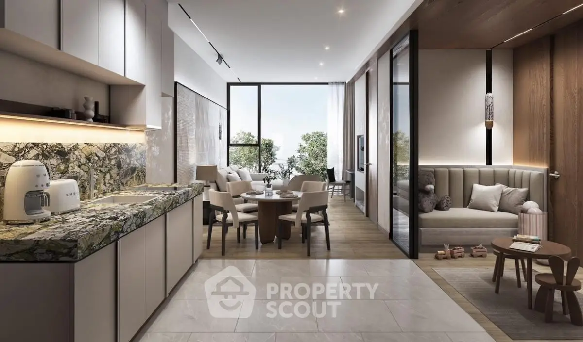 Luxurious open-plan living room with modern kitchen and elegant decor