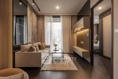 Modern living room with elegant decor and city view, featuring a cozy sofa and stylish furnishings.