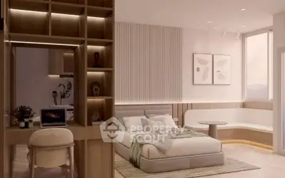 Modern bedroom with stylish decor and cozy seating area, perfect for relaxation.